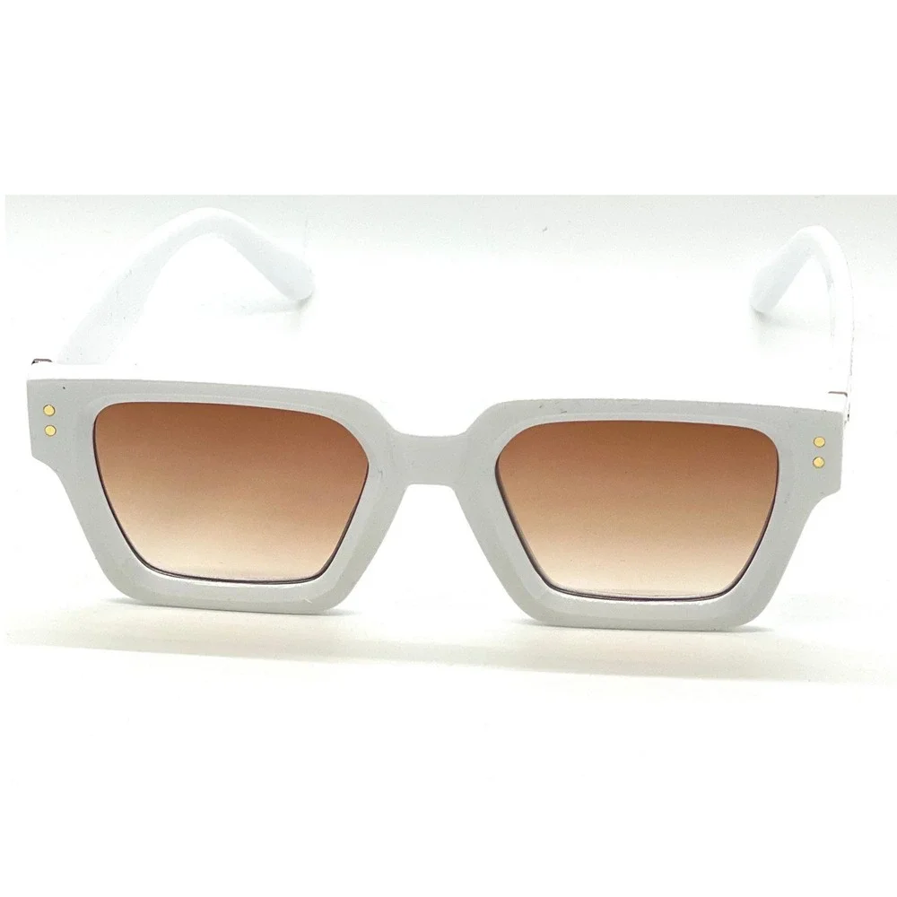 Square Sunglasses White Frame Brown Lens Gold Accent Fashion Shades Retro Lentes